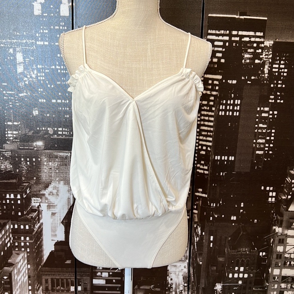 Express spaghetti strap ruffle faux wrap bodysuit off white size small